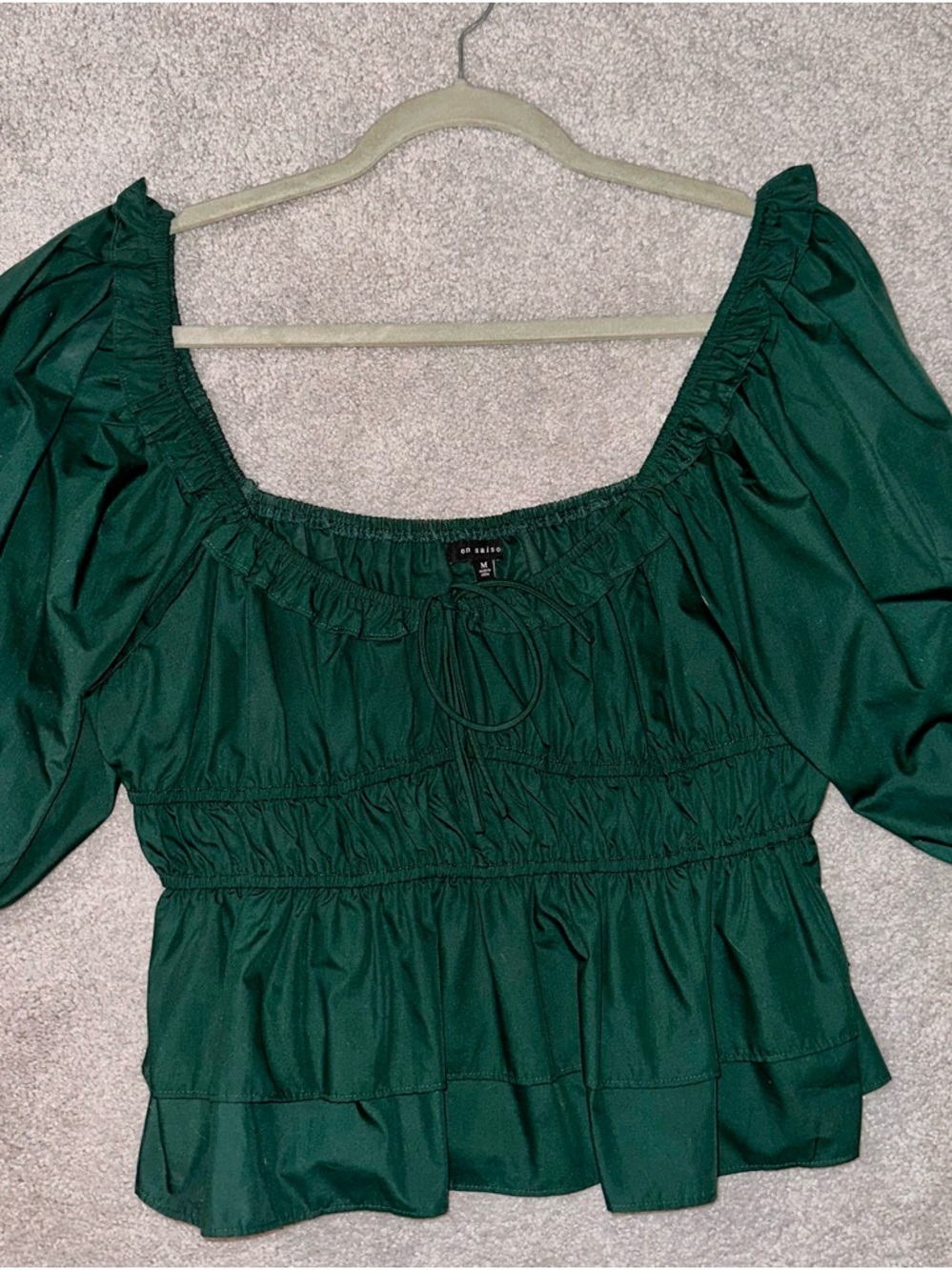 En Saison Emerald Green Puff Sleeve Peasant Blouse